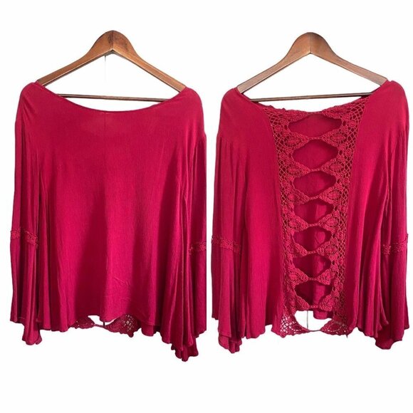 Altar'd State Red Open Back Crochet Bell Sleeve Flowy Bohemian Blouse Medium - Picture 1 of 8